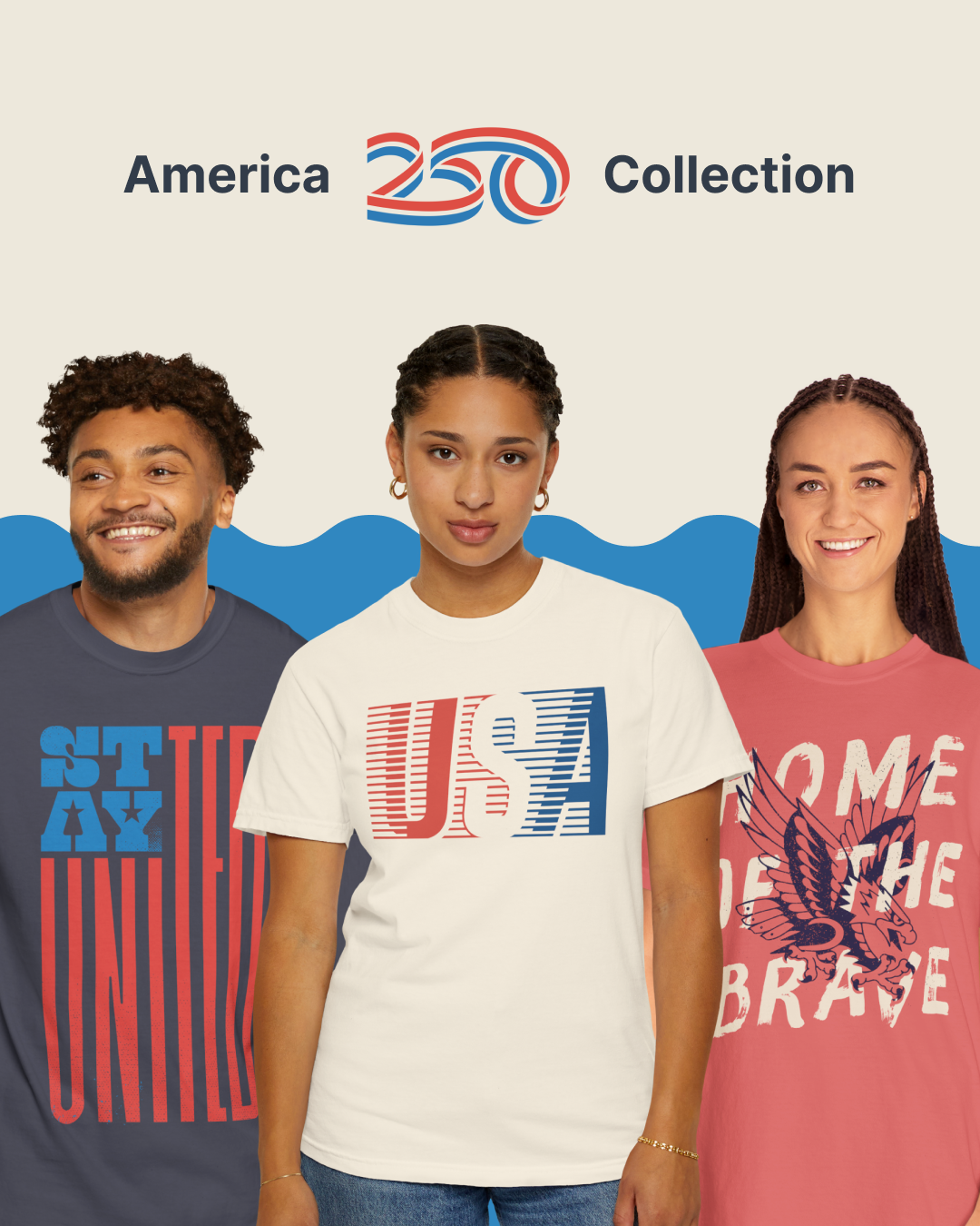 Three people wearing various patriotic t shirts