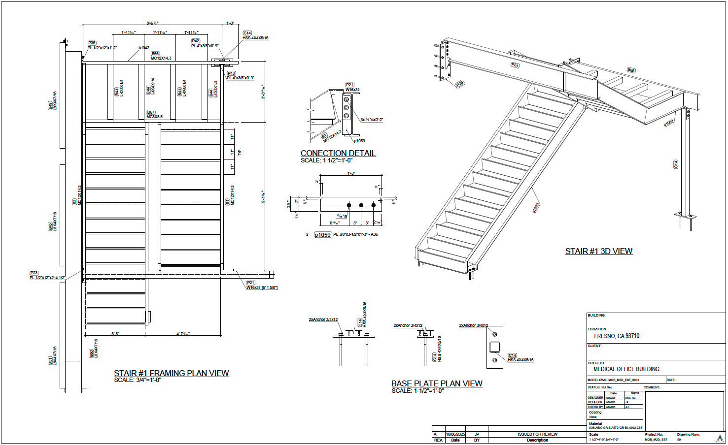 Steel stair framing plan and 3D view illustrating structural connections, base plate layout, and fabrication details.