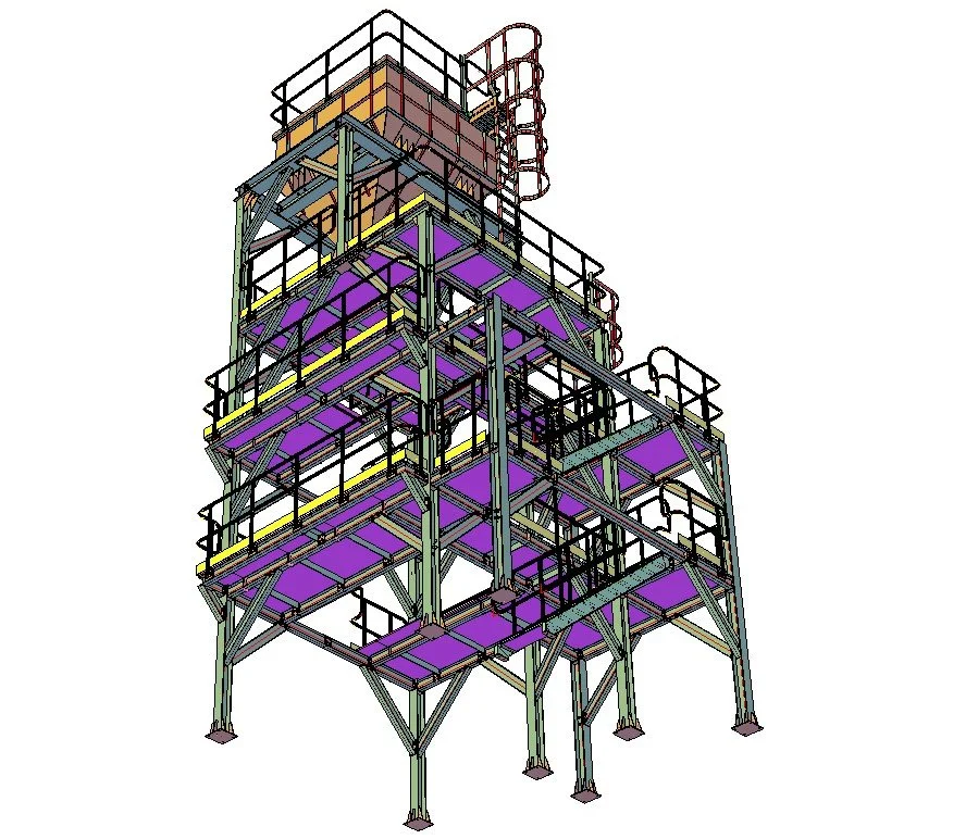 Detailed 3D steel structure model illustrating column framing, beam connections, and stair access for industrial platform design.