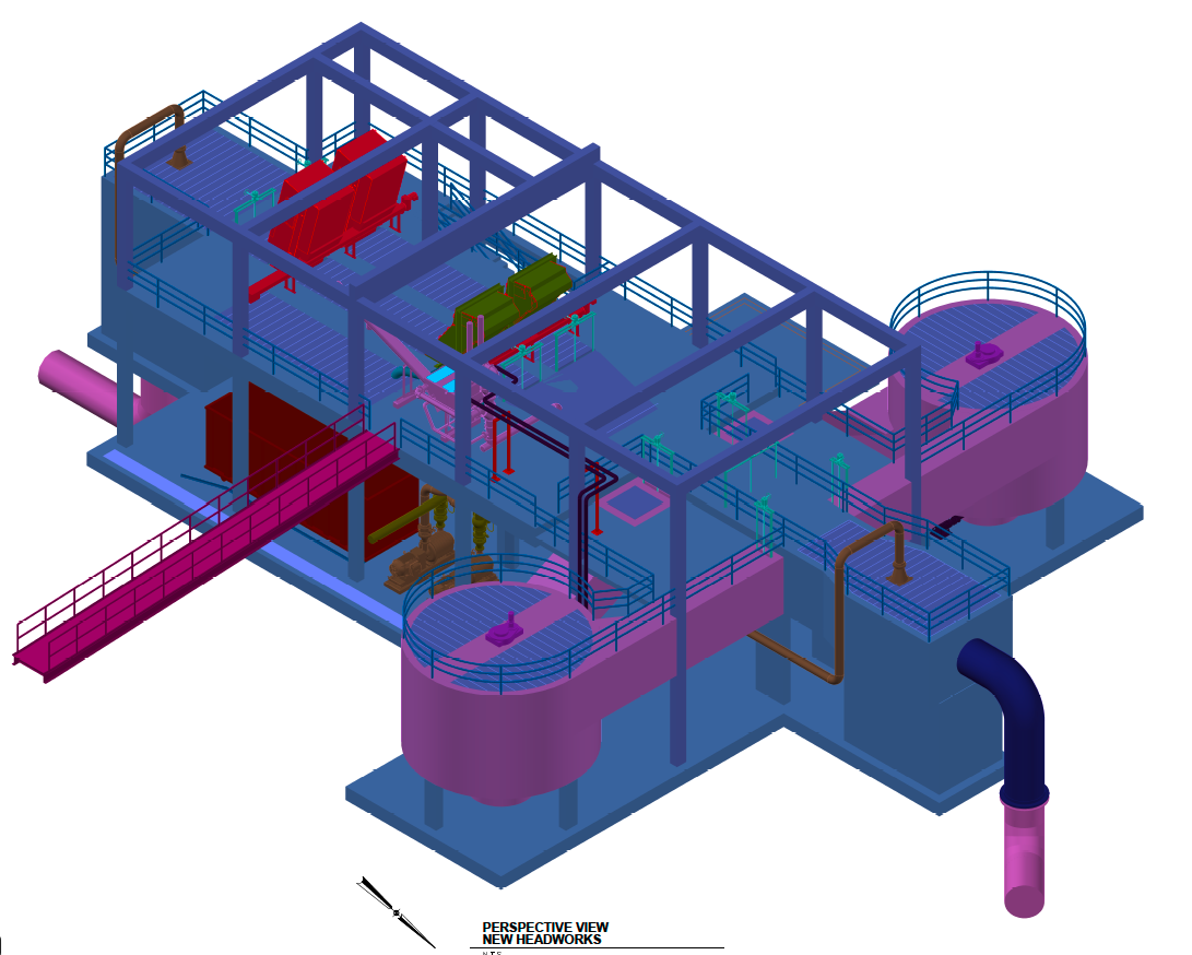 Isometric view of industrial plant layout with piping systems, equipment platforms, and structural framing modeled in Revit.