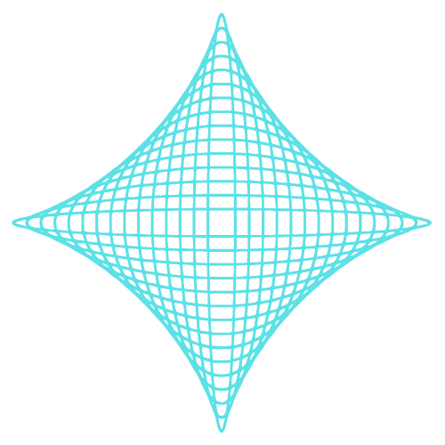 A digital wireframe geometric shape with a glowing purple grid on a black background.