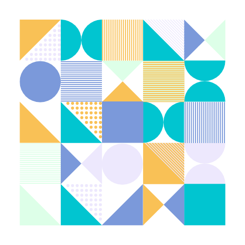 Colorful geometric pattern with various shapes and lines in pink, blue, yellow, black, white, and mint green.