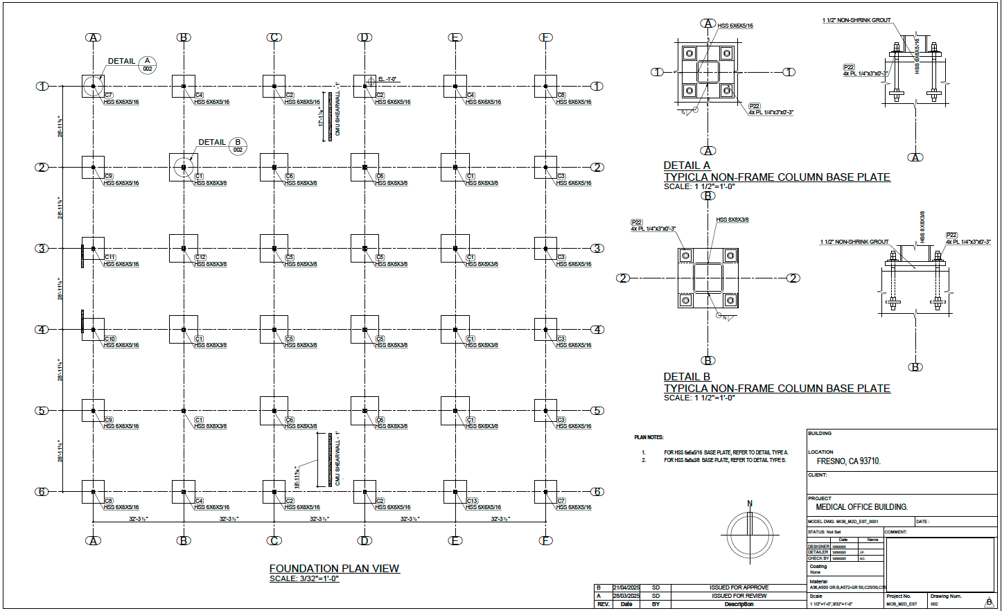 Foundation plan and base plate details coordinated through BIM for accurate site installation.