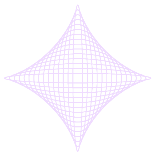 A digital wireframe geometric shape with a glowing purple grid on a black background.