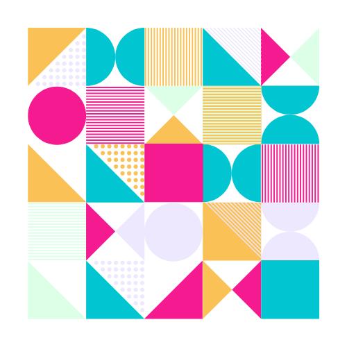Colorful geometric pattern with various shapes and lines in pink, blue, yellow, black, white, and mint green.
