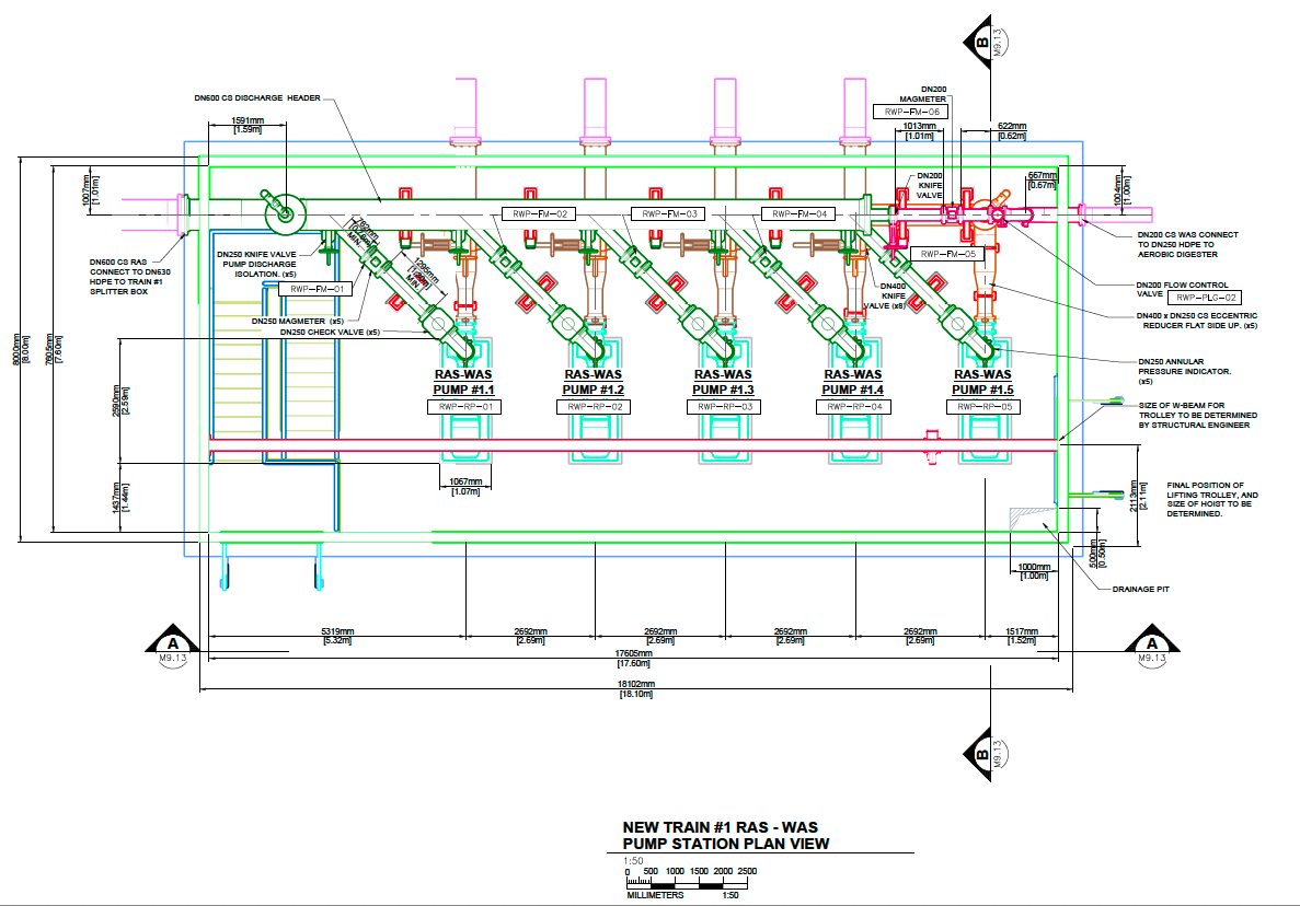 Engineering drawing of pump station showing piping, valves, and equipment layout with plan and section labeling for coordination.