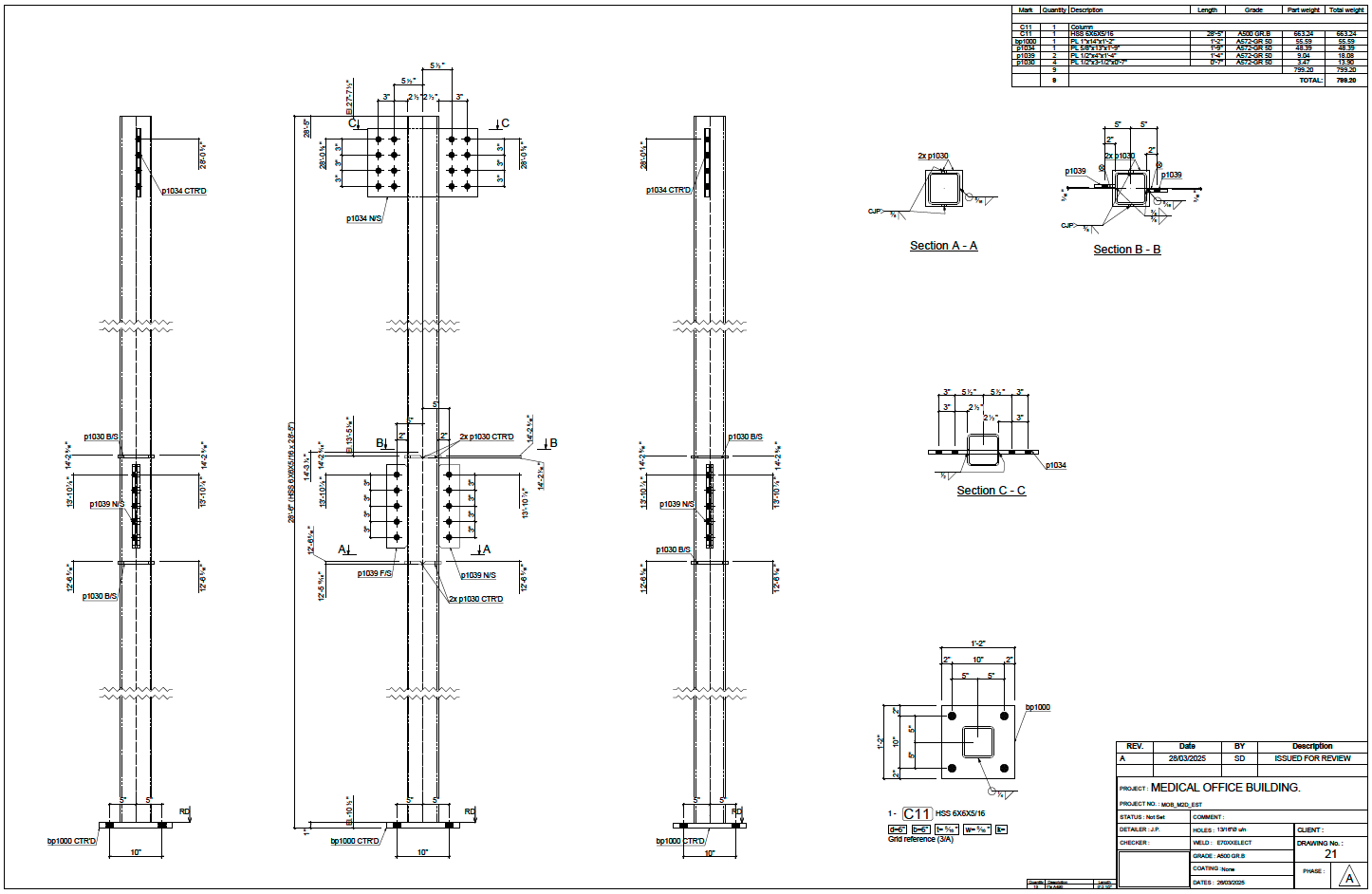 Column C11 fabrication drawing displaying elevations, welds, and connection details for structural steel assembly in a two-story medical office building.