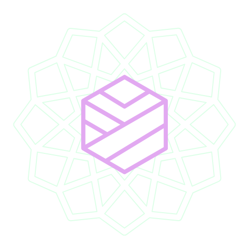 A glowing, purple geometric cube at the center of a symmetrical, hexagonal pattern with interconnected lines and shapes, on a black background.