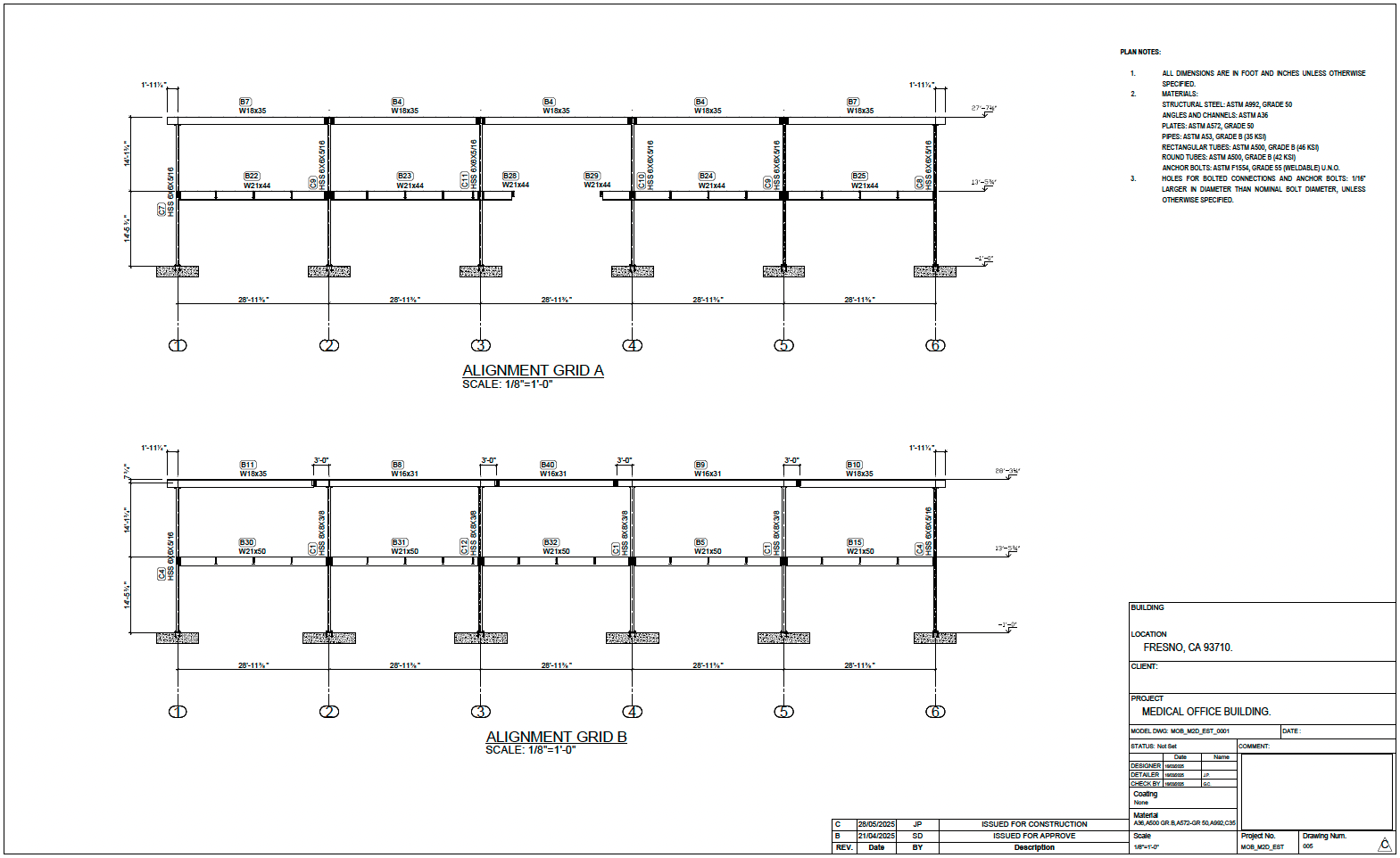Building alignment sections showing structural grid elevations and framing connections for the medical office building steel system.