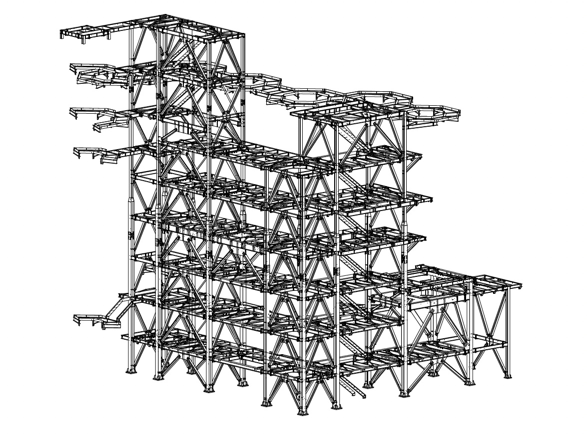 3D model of a multi-story steel platform developed by Luis Hernández, showcasing detailed framing, access platforms, and connection layouts for industrial coordination.
