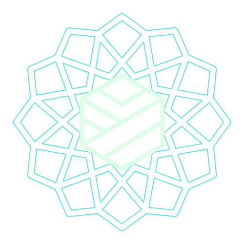 A glowing, purple geometric cube at the center of a symmetrical, hexagonal pattern with interconnected lines and shapes, on a black background.