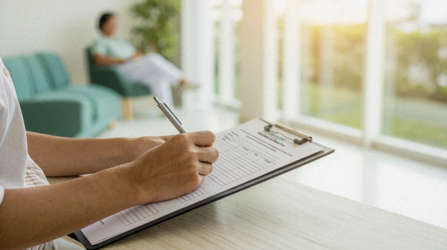 Calm patient completing new client intake forms on a clipboard in a bright mental health therapy waiting room with modern green sofas and large windows, counseling office in Hendersonville Tennessee.