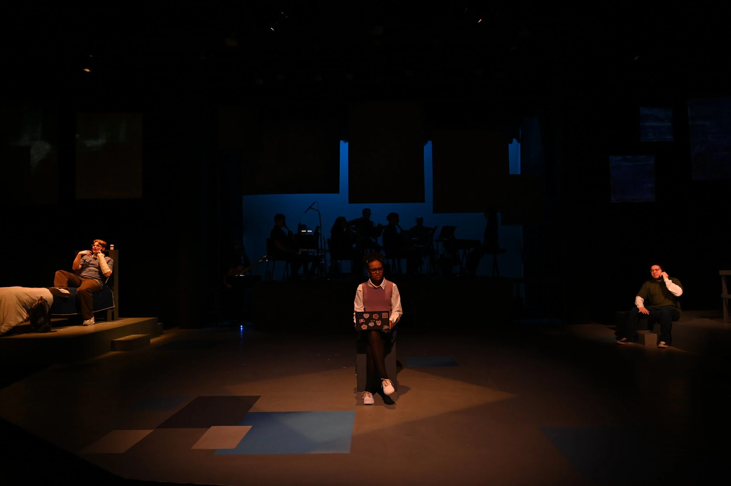 Evan Hansen, Alana Beck (Played by Naylah Campechano) and Jared Kleinman (Played by Kenneth Parrales) in their separate "Virtual Worlds"