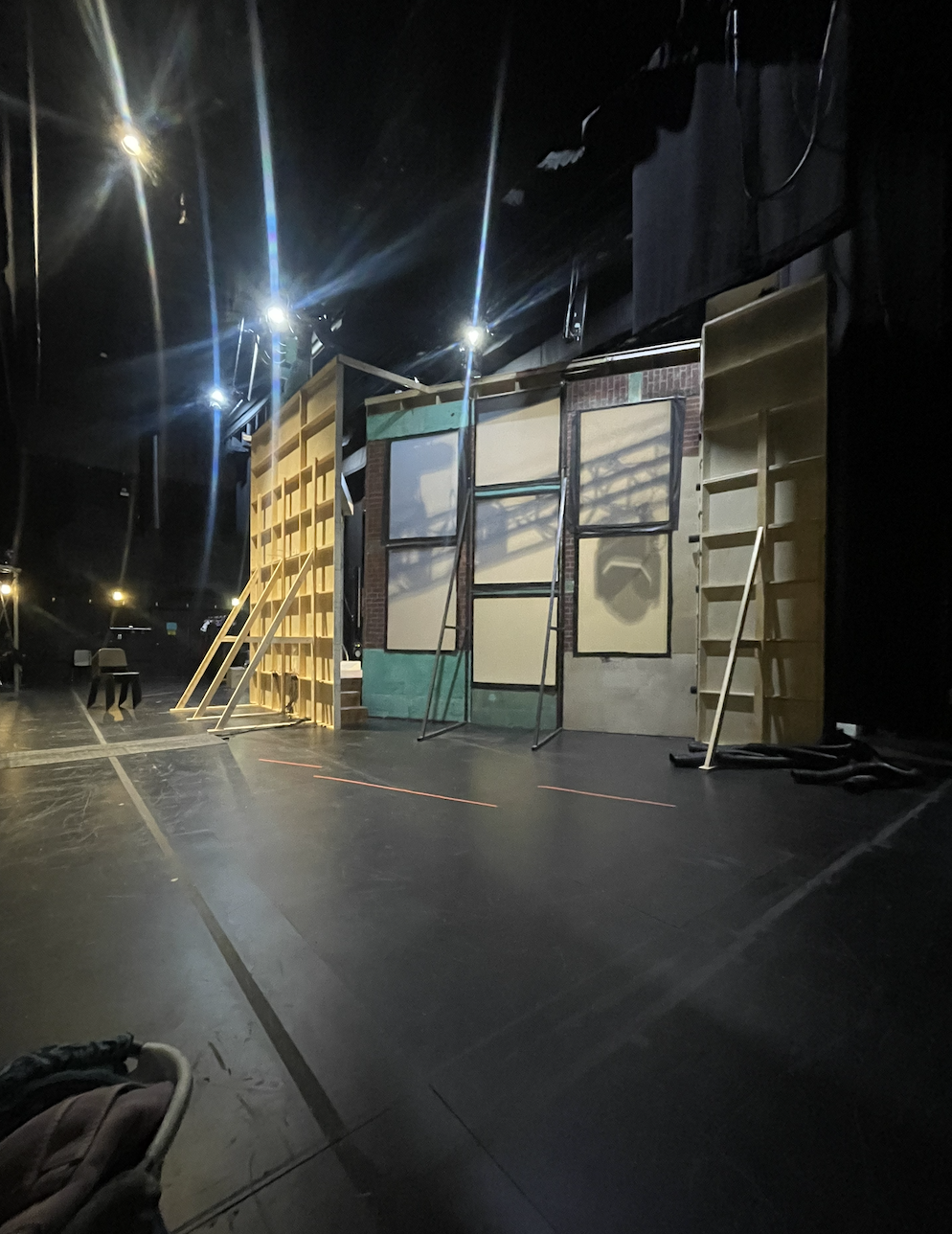 Behind the set, space was left for the rear projectors and there are spiked lines for the cast/crew to stay behind to not disturb the projections