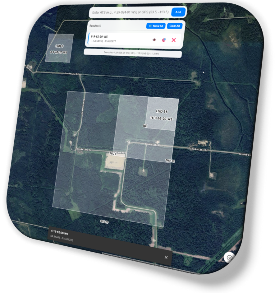 Map showing property boundaries, roads, and lot labels over a forested area, with a search and results interface at the top.