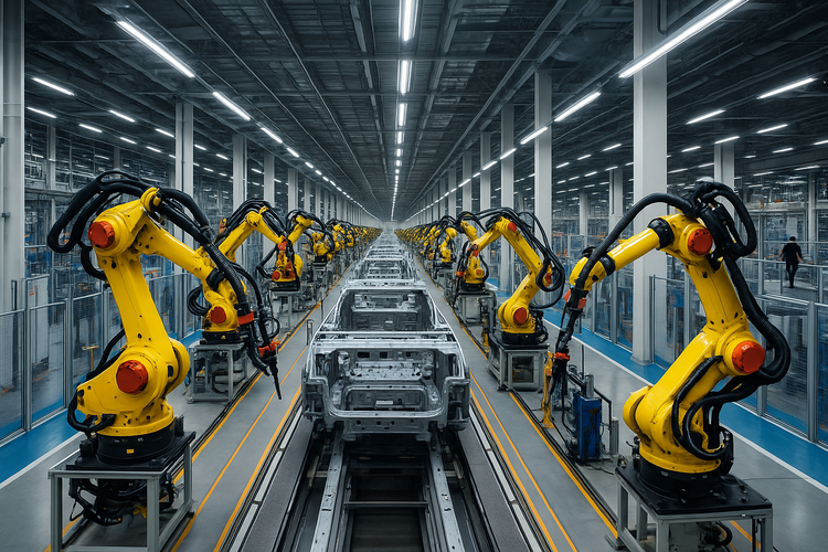 Bir otomobil fabrikasında, robot kolları otomobil şaselerini montaj ediyor.