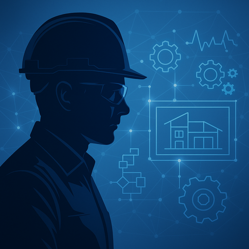 Mavi arka planda inşaat mühendisi silueti, kask ve gözlük takmış, teknik ve mühendislik simgeleriyle çevrili.