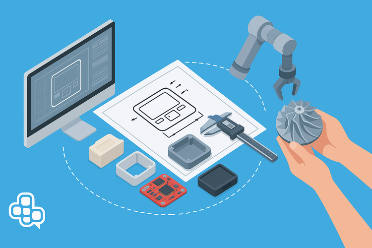 Mekanik araştırma ve geliştirme alanında bir çalışma. Bir masa üzerinde bir diyagram ve çeşitli elektronik bileşenler, bir mikrodalga ve dijital ölçüm cihazı, bir dijital ekran ve bir yardımcı alet bulunuyor. Ayrıca, bir el robotik kol ile metal perdeden yapılmış bir parça tutuyor.