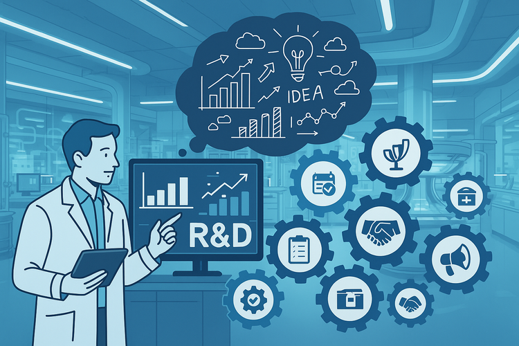 Bir doktor veya bilim insanı, dijital bir ortamda araştırma ve gelişim (R&D) ile ilgili grafikler ve semboller içeren bir soyut çizimle etkileşim kuruyor.