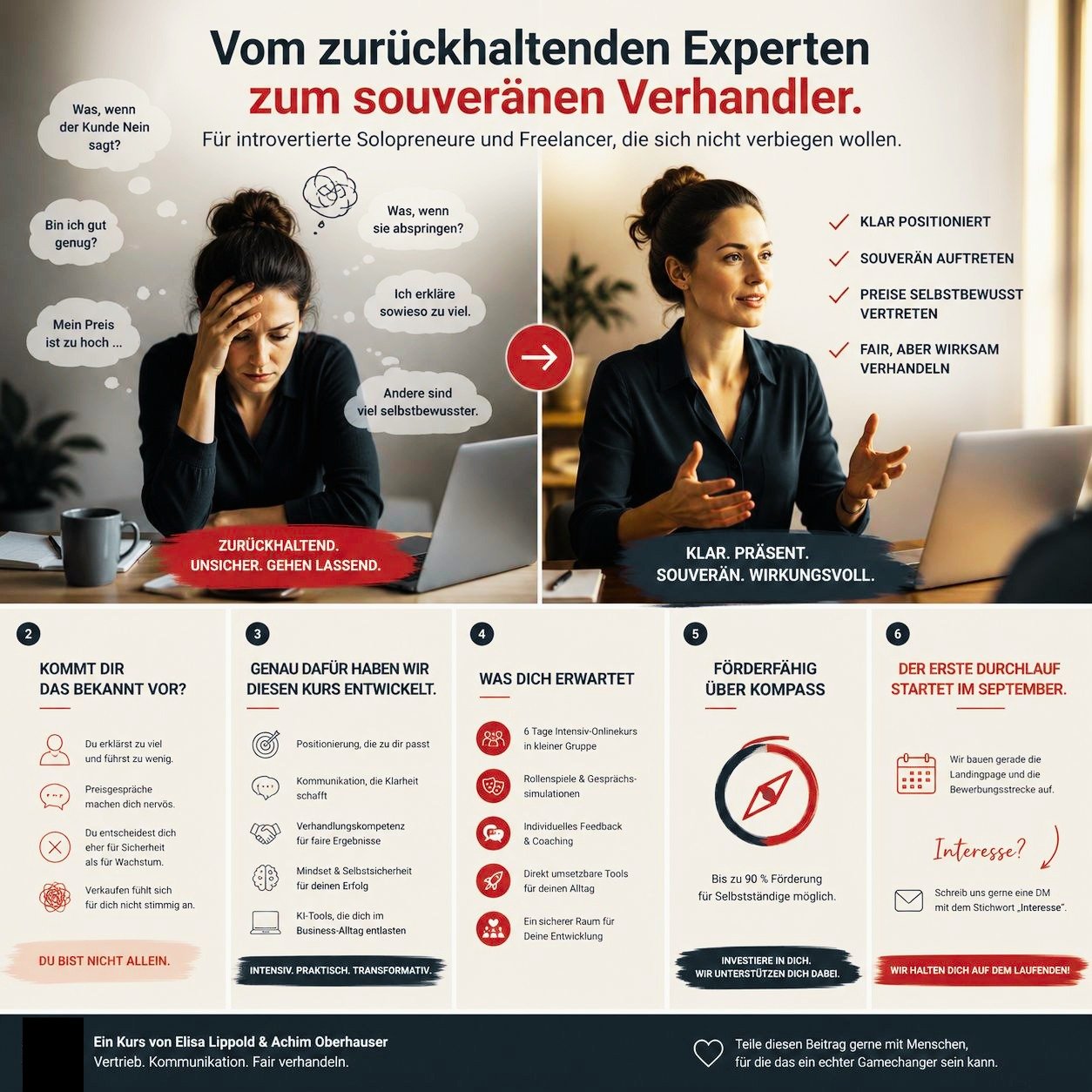 Bist du auch fachlich richtig stark?

Aber sobald es um Verkauf, Preise oder Verhandlungen geht, passiert etwas Merkw&uuml;rdiges.

Du erkl&auml;rst zu viel. 
Machst dich kleiner als n&ouml;tig. 
Vermeidest klare Preisgespr&auml;che. 
Und hoffst, das