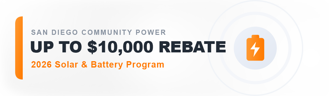 San Diego Community Power advertisement offering up to $10,000 rebate for 2026 solar and battery program, featuring a battery icon.