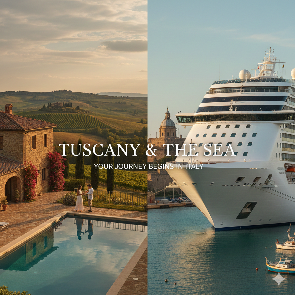 Split image showing a Tuscan countryside with rolling hills, a rustic stone house with blooming pink flowers, and a couple by a pool; the other side features a large luxury cruise ship docked at a port. Text overlays say "Tuscany & the Sea" and "Your journey begins in Italy."