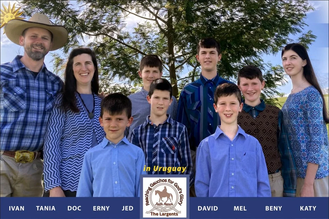 A family photo of ten people, including men, women, and boys, standing outdoors under a tree with a sunny sky in the background. They are dressed in casual or semi-casual clothing, and some are smiling. The photo includes text indicating they are in Uruguay, with names below each person, and a logo for faith ranch.