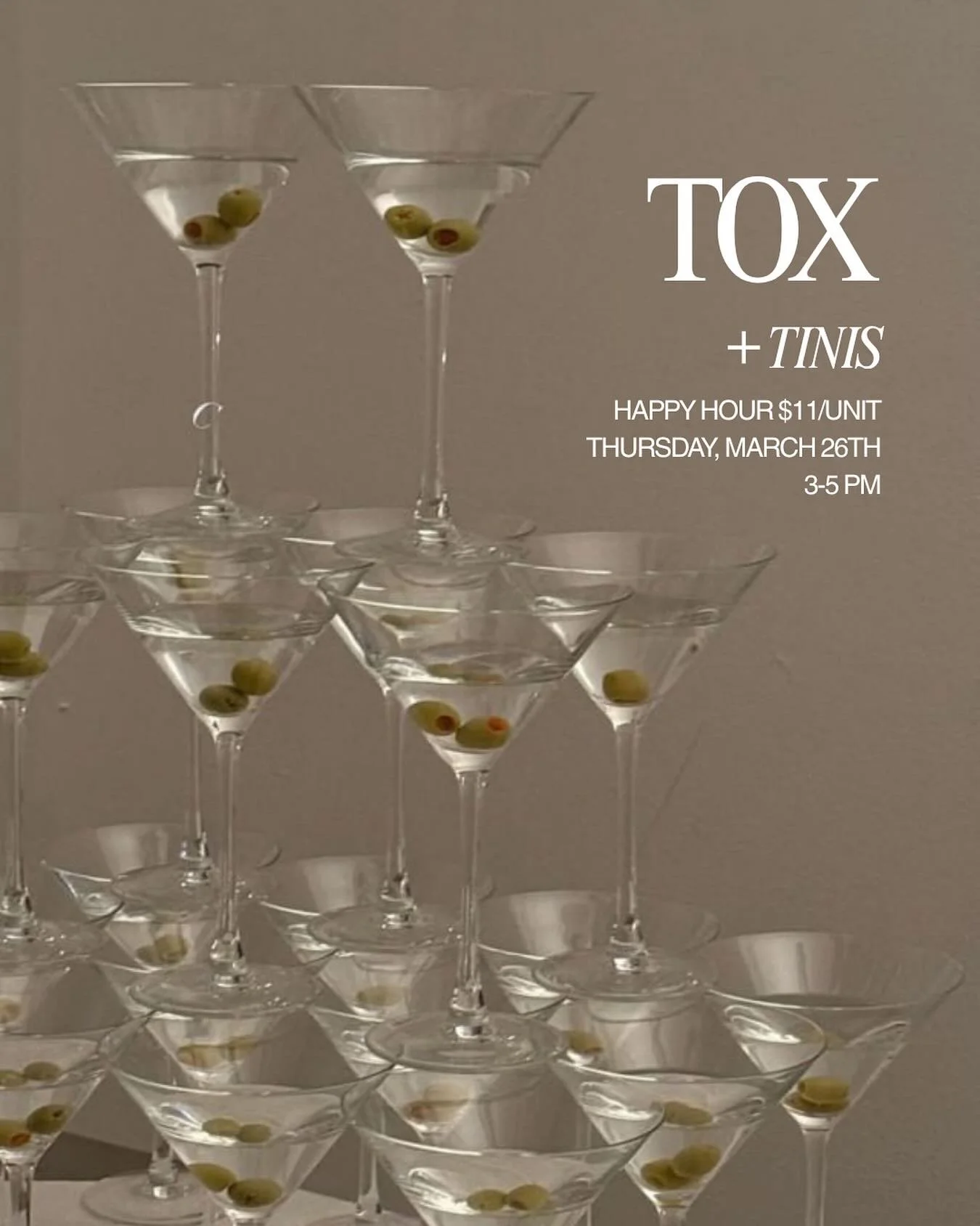 Tomorrow, 3&ndash;5 PM 🍸
Tox + Tinis&mdash;your perfect excuse for a midweek refresh.

See you there.