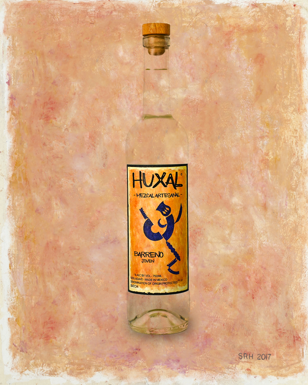 A clear glass bottle with a wooden cap, labeled 'HUXAL Mezcal Artesanal.' The label features colorful, artistic graphics and text indicating it is a young barro mezcal made in Mexico with 40% alcohol by volume. The background is a textured, reddish and orange-toned abstract surface.