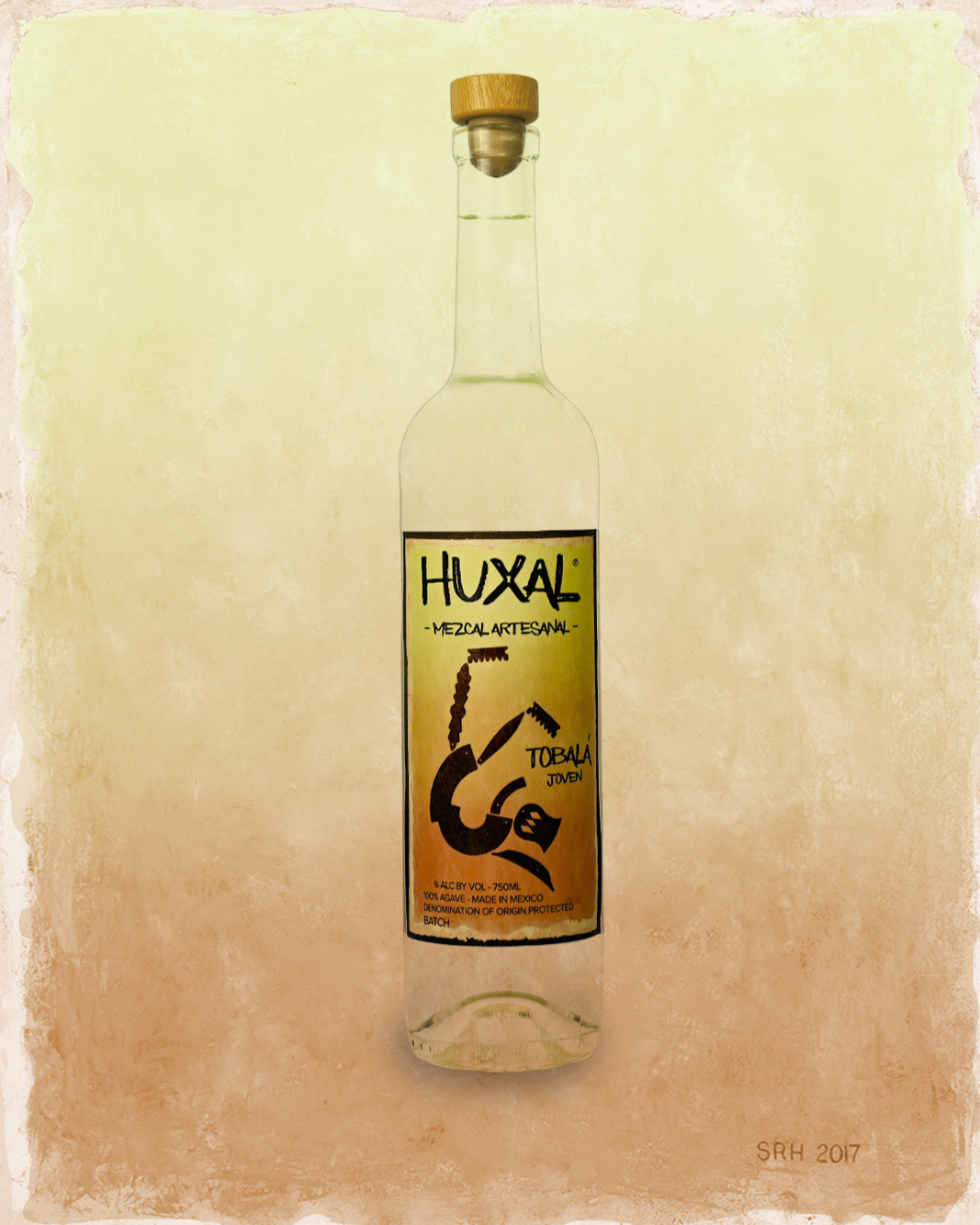 A clear glass bottle with a yellow label and a wooden cap, containing an artisanal mezcal brand named HUXAL. The label features black text and a graphic illustration of a hand holding a knife and other abstract elements, indicating it is a young mezcal with 750ml volume and 40% alcohol content, made in Mexico.