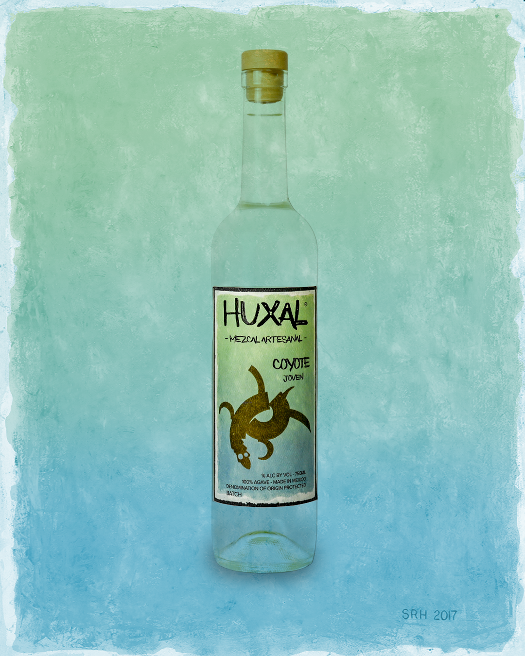 A clear glass bottle of Huxal mezcal with a coyote illustration on the label, against a textured blue background.