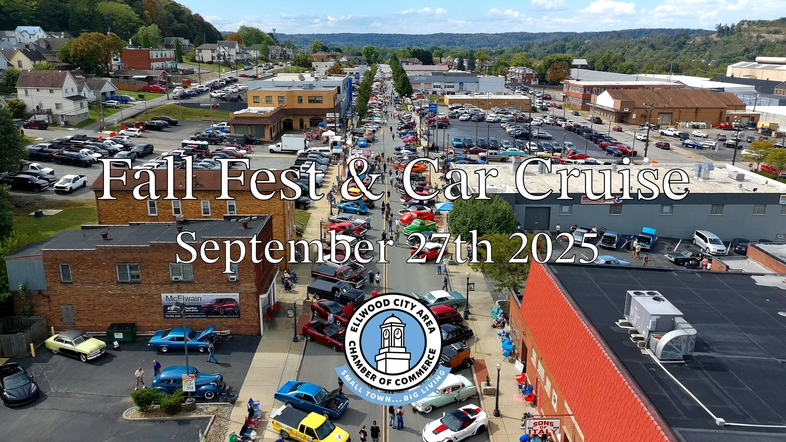 Drone shot of cars lined up on main street of ellwood city