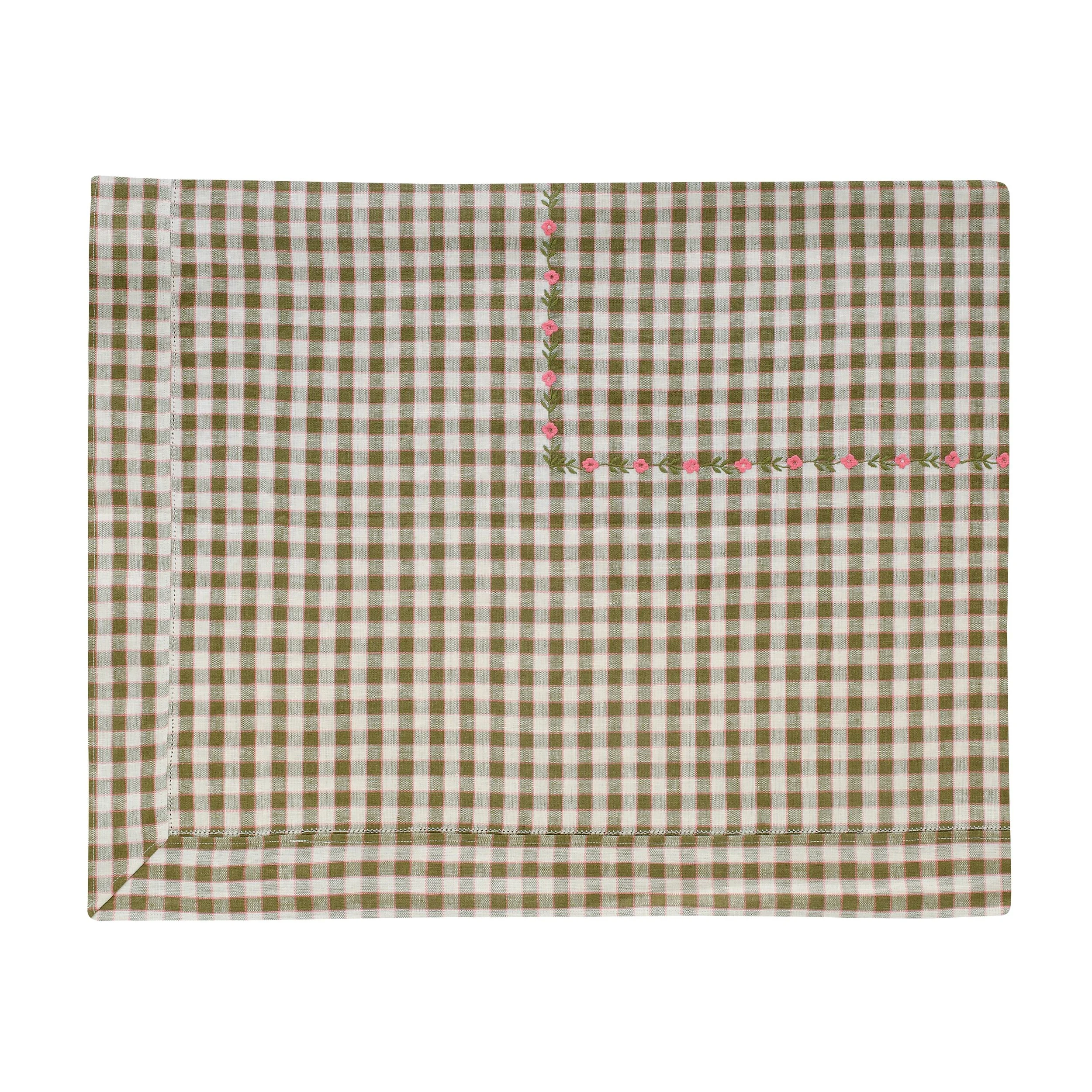 Gingham embroidered tablecloth, olive