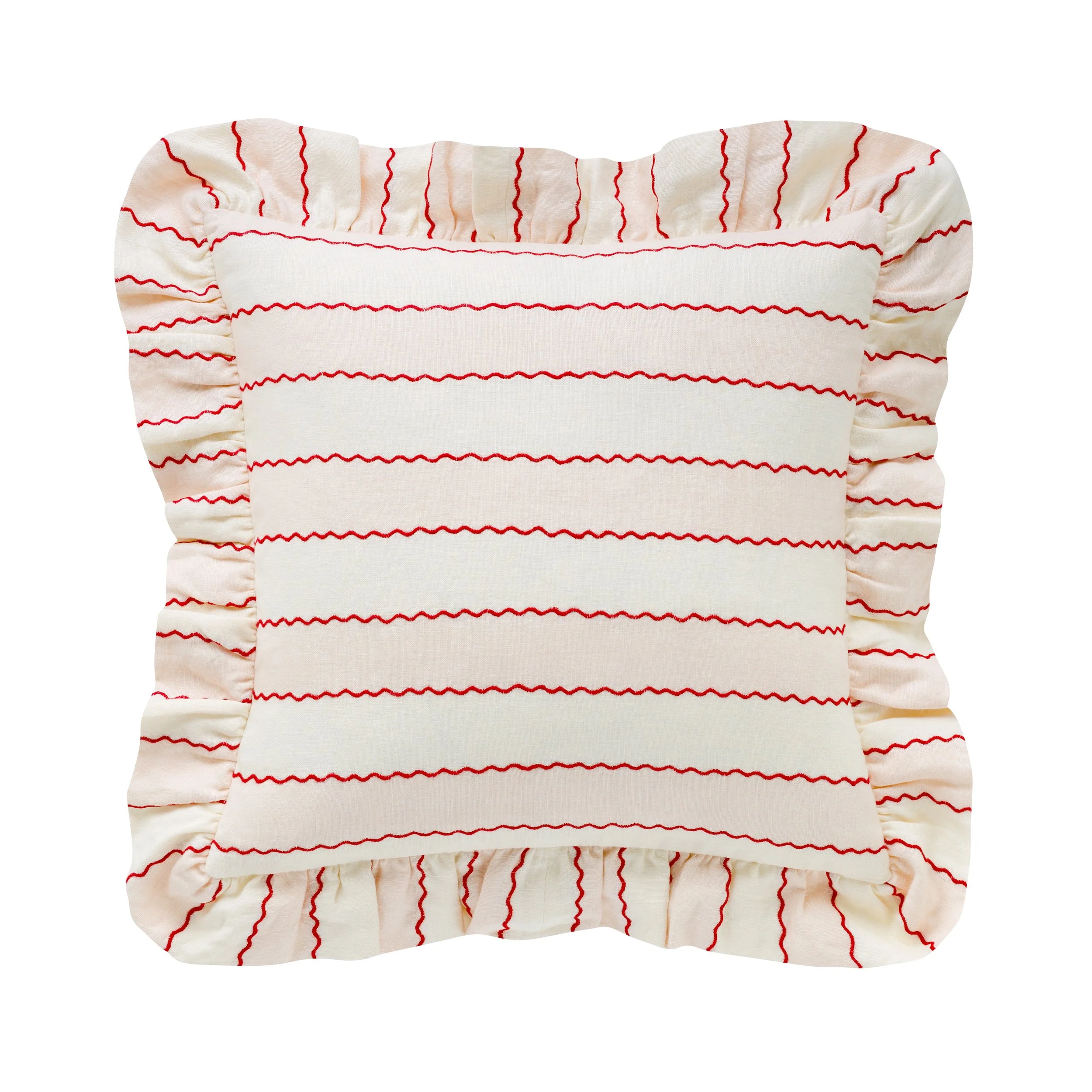 Marionette stripe embroidered cushion, pink/cream