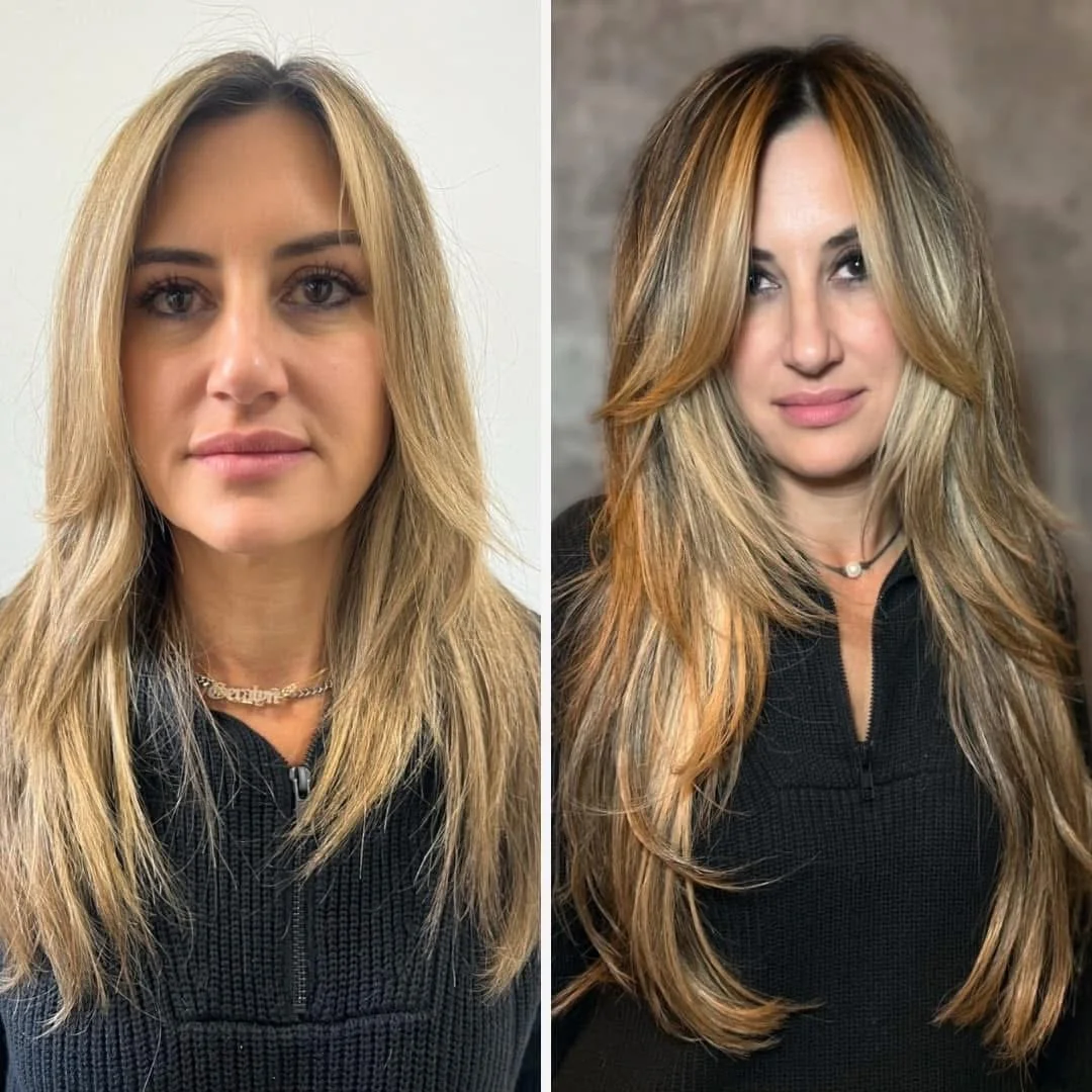 Before and after Luna Method extensions: blonde hair transformed with added length, layers, and highlights using hand-tied wefts for a natural, scalp-healthy finish