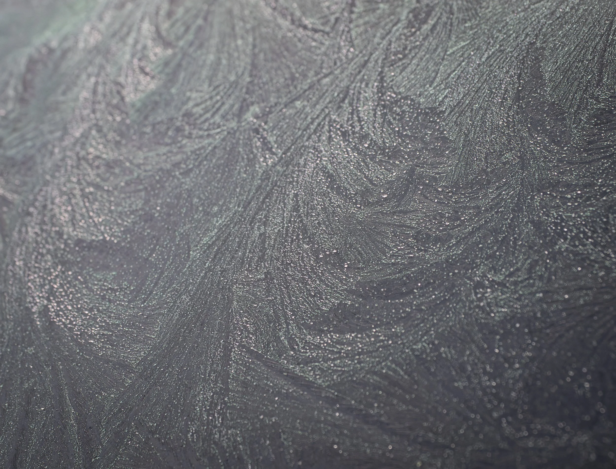 Close-up abstract image of fan-shaped ice crystals spread across a car windscreen, forming layered patterns with subtle blue-grey tones.