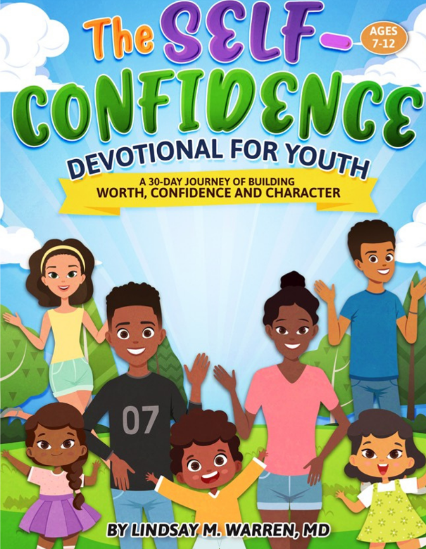 Cover of a youth devotional book titled 'The Self-Confidence Devotional for Youth' designed for ages 7-12. The cover features six diverse children outdoors, with a bright sky and clouds, and green trees in the background.