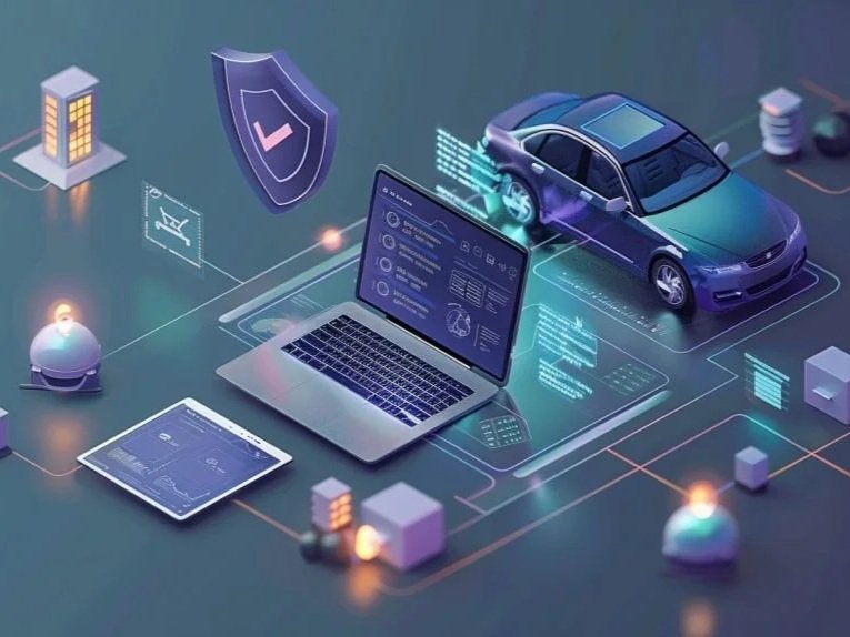 Digital visualization of automotive operations showing data layers for estimating, production, paint, and parts workflow analysis