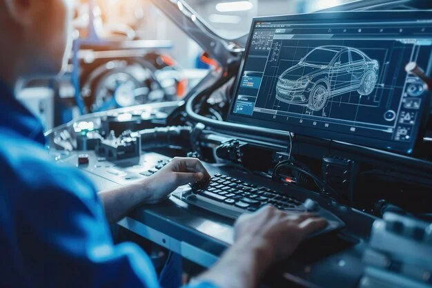 Mechanic using advanced AI software on laptop to automate vehicle damage estimation and ensure repair consistency