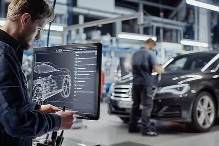 Technician analyzing vehicle data on a digital display with AI-powered diagnostics in an advanced automotive repair facility