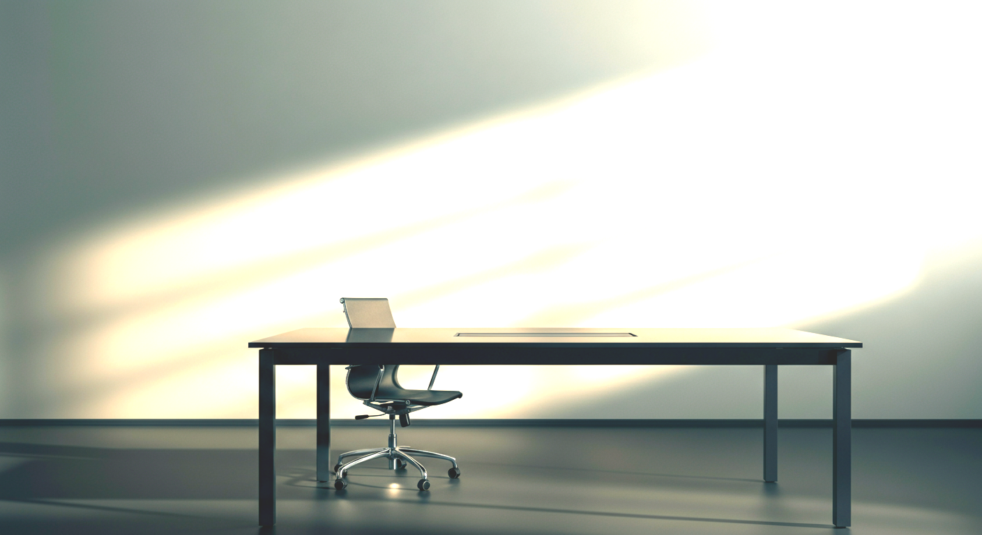 An empty office with a modern desk and an ergonomic chair against a plain wall with sunlight casting shadows.