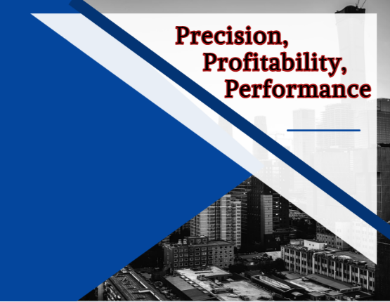 Presentation slide with the words 'Precision, Profitability, Performance' over a cityscape background featuring skyscrapers, with blue and white geometric design elements.