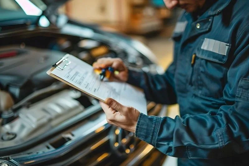 Collision consultant conducting a detailed vehicle assessment, representing precision and expertise in operational diagnostics