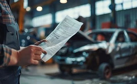 Technician reviewing digital auto repair estimate generated by AI software in a modern collision shop