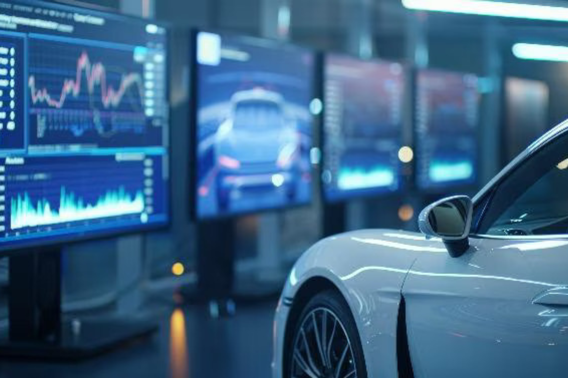 Modern car in a high-tech collision consulting facility with digital performance dashboards displaying automotive analytics and diagnostic data