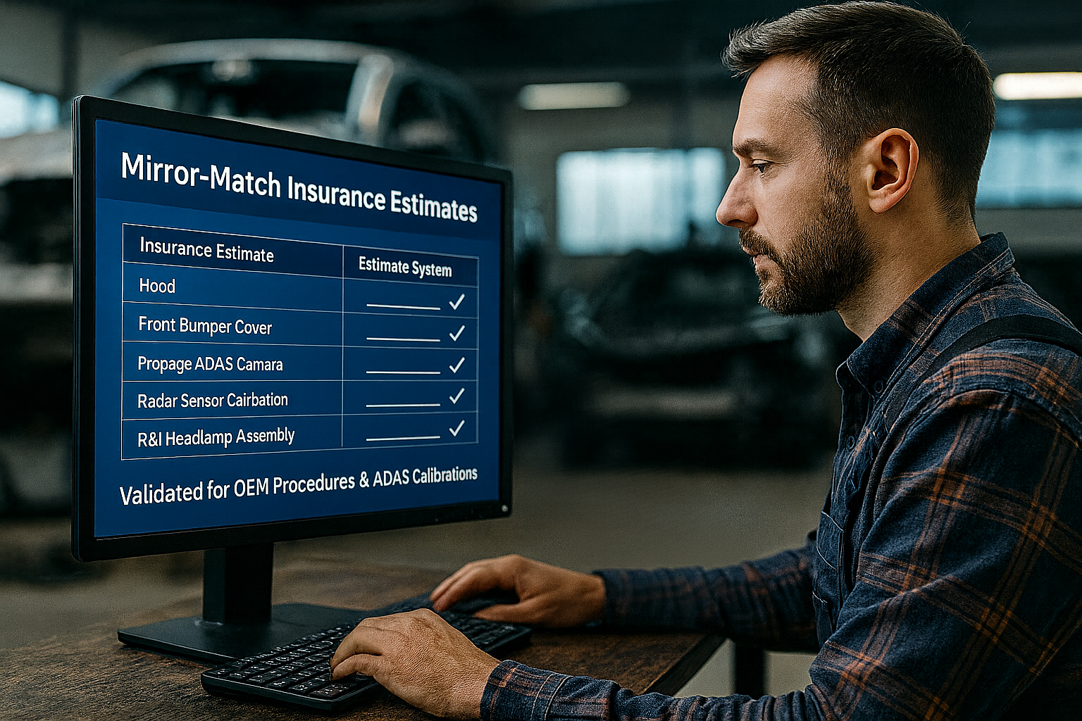 Auto consultant reviewing AI-generated insurance estimate comparison for OEM procedure accuracy and ADAS calibration
