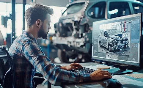 Auto repair specialist analyzing damaged vehicle photos on computer for AI-based triage and repair classification