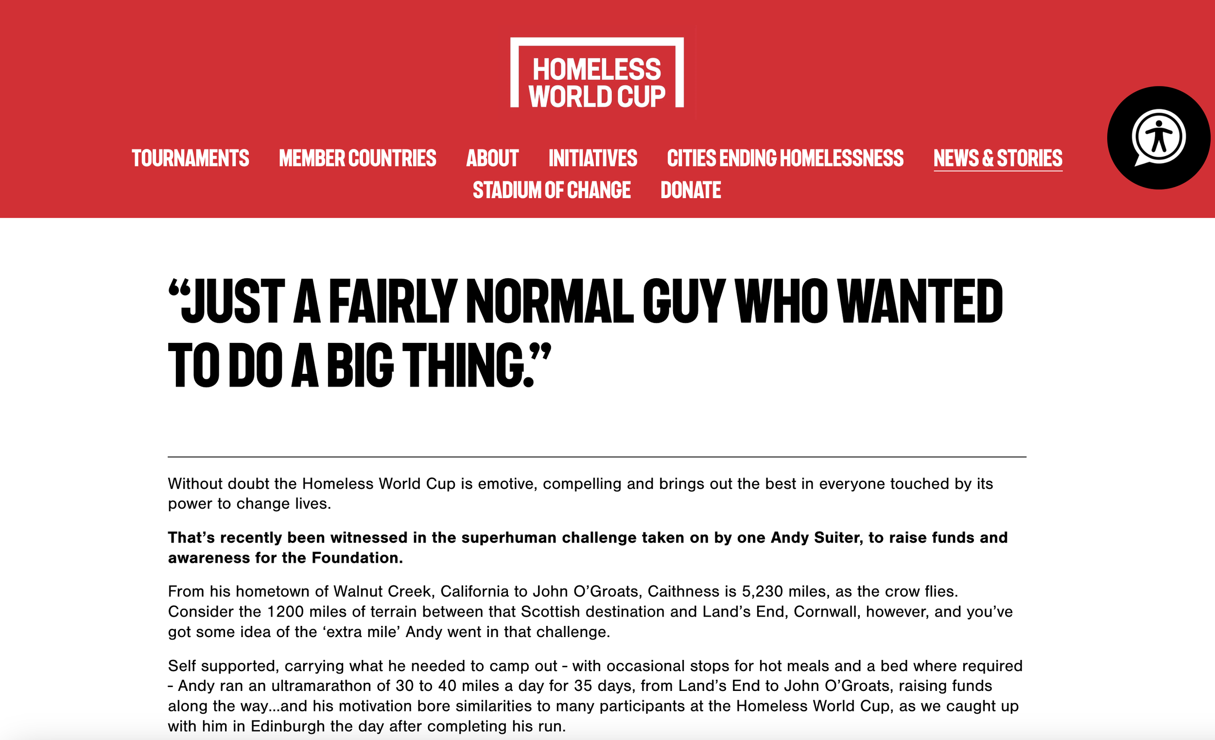 Homepage of Homeless World Cup website with red banner, navigation menu, and open quote about a normal guy wanting to do a big thing.
