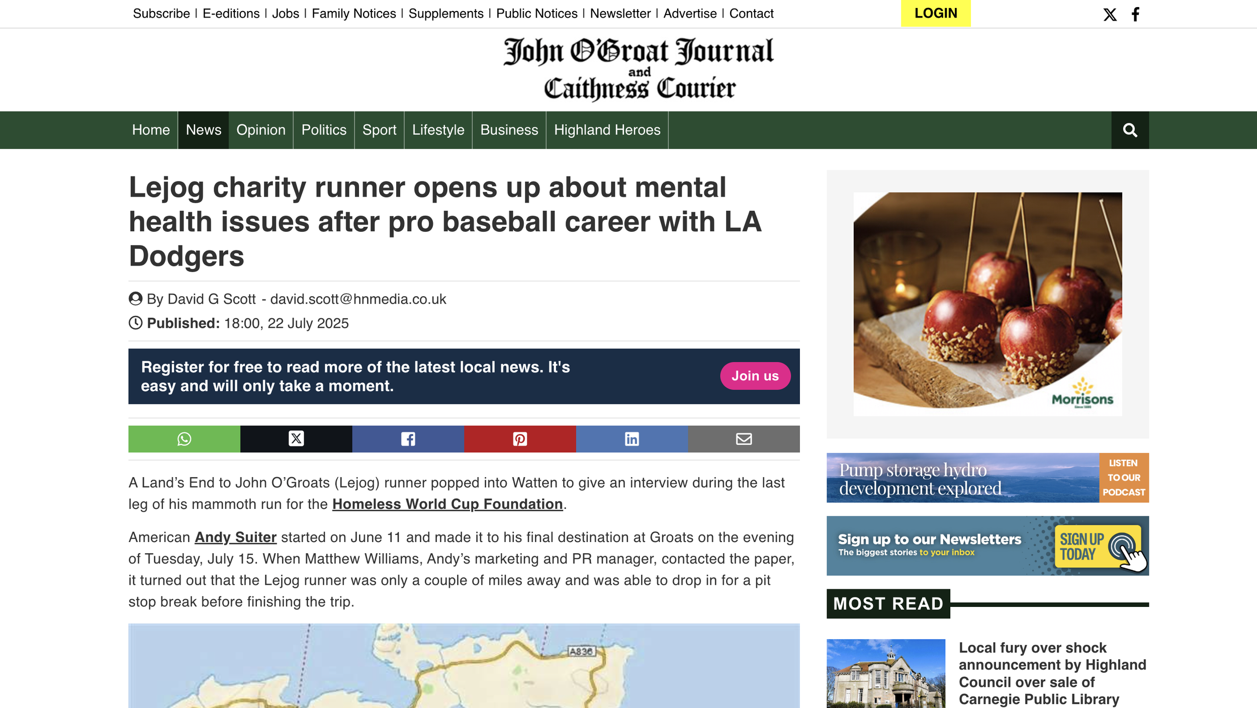 Article about LEJOG charity runner opens up about mental health issues after pro baseball career with LA Dodgers