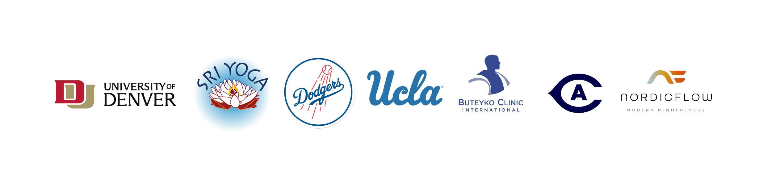 Logos of various institutions including University of Denver, Sri Sri Yoga, Los Angeles Dodgers, UCLA, Buteyko Clinic International, Arctic, and NordicFlow on a black background.